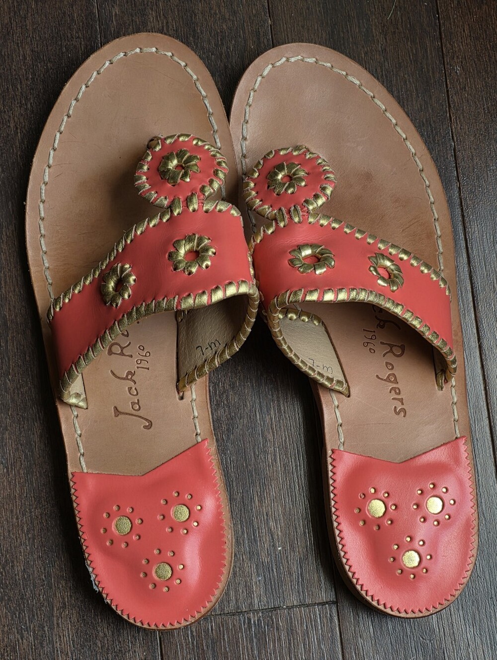 Jack Rogers Leather Sandals coral & gold Whip stitch Metallic Tropez Size 7 M